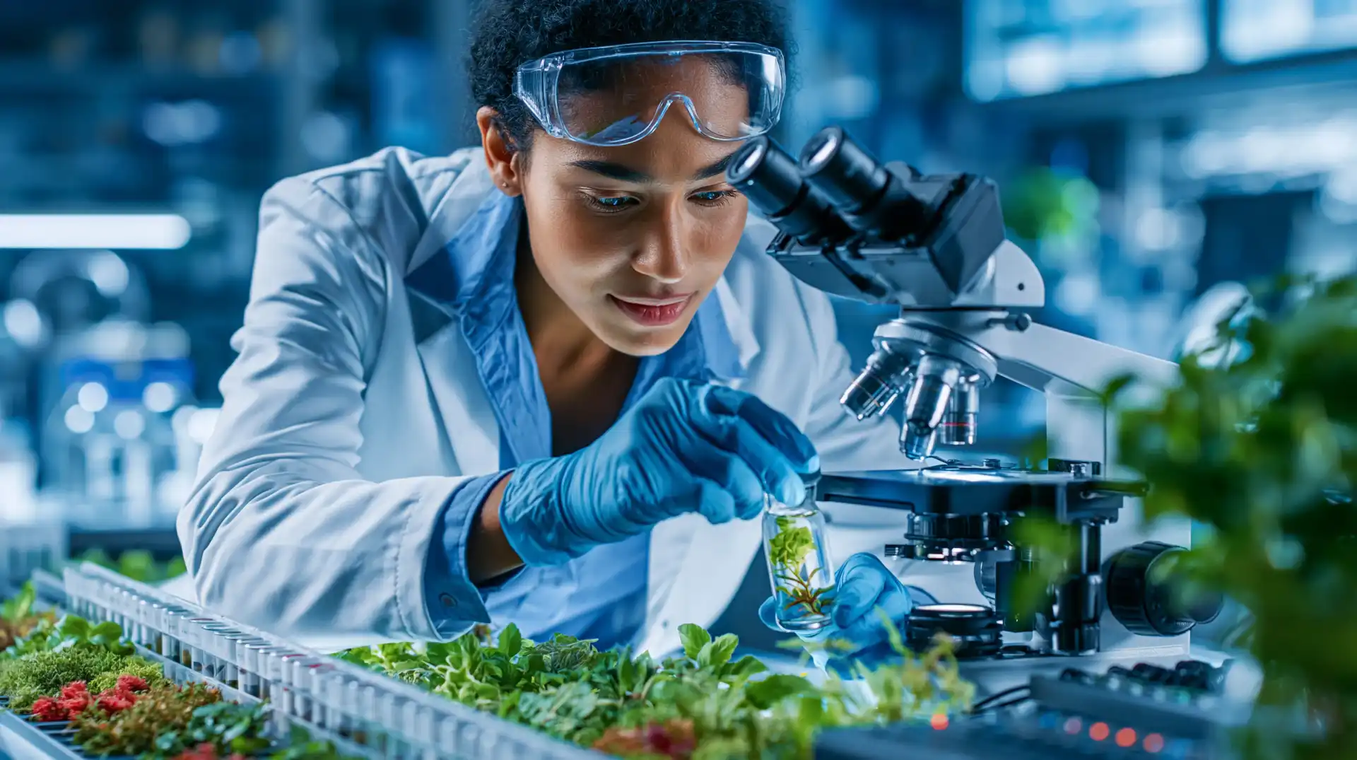 Female scientist in a lab coat and safety goggles examining a plant sample under a microscope in an agricultural research laboratory