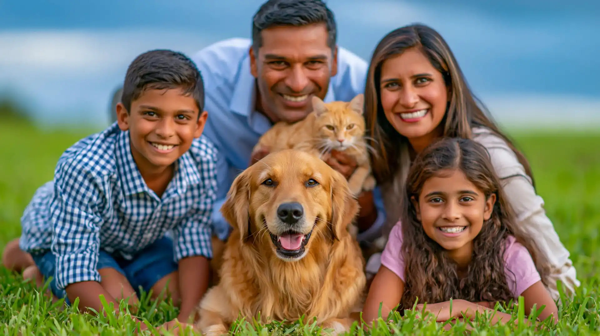 Sri Lankan family with two children and two dogs smiling together in a park
