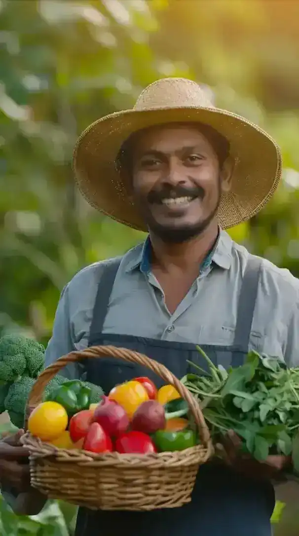 A Farmer holding a vegetable harvest