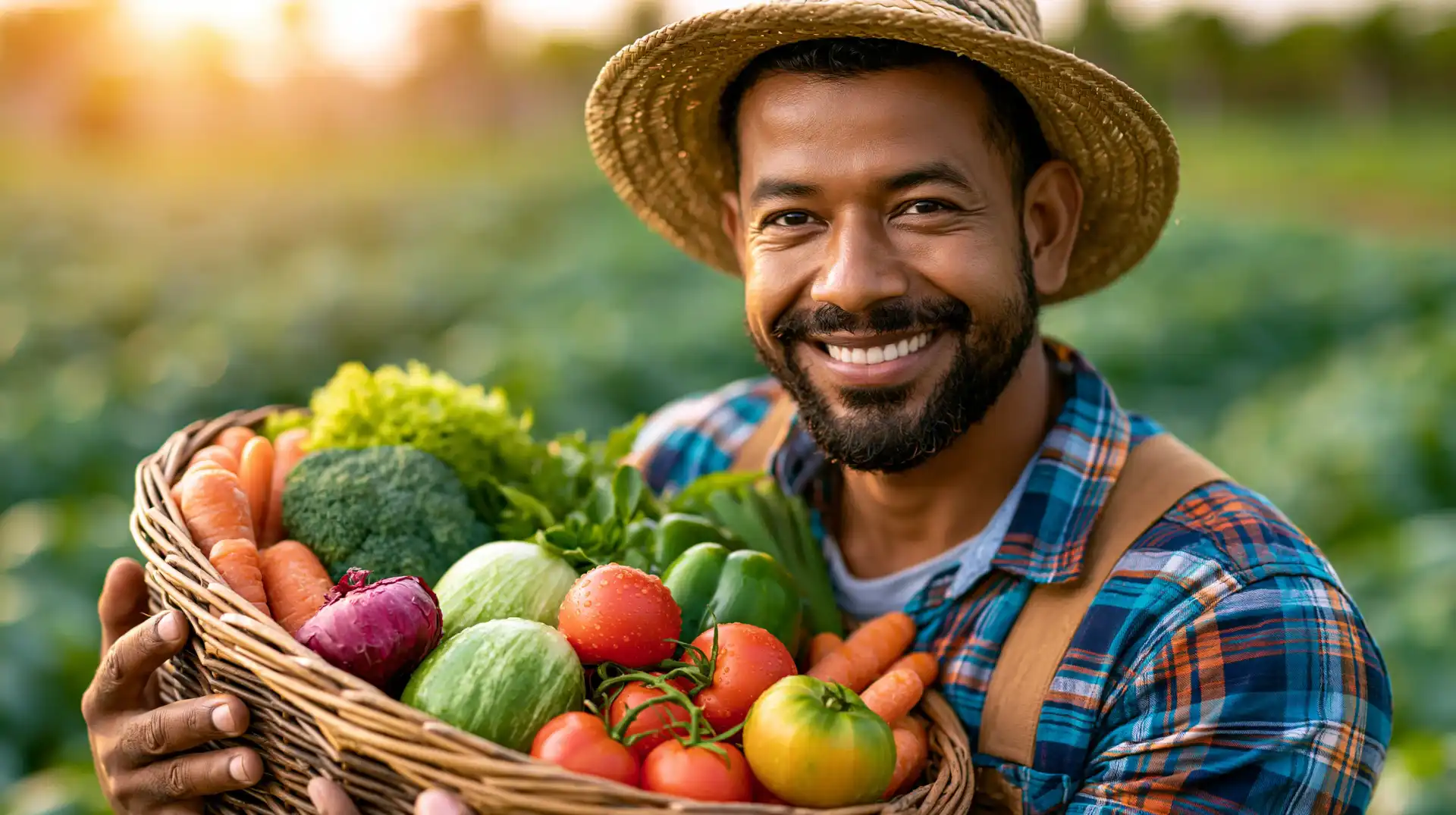 A Farmer holding a vegetable harvest