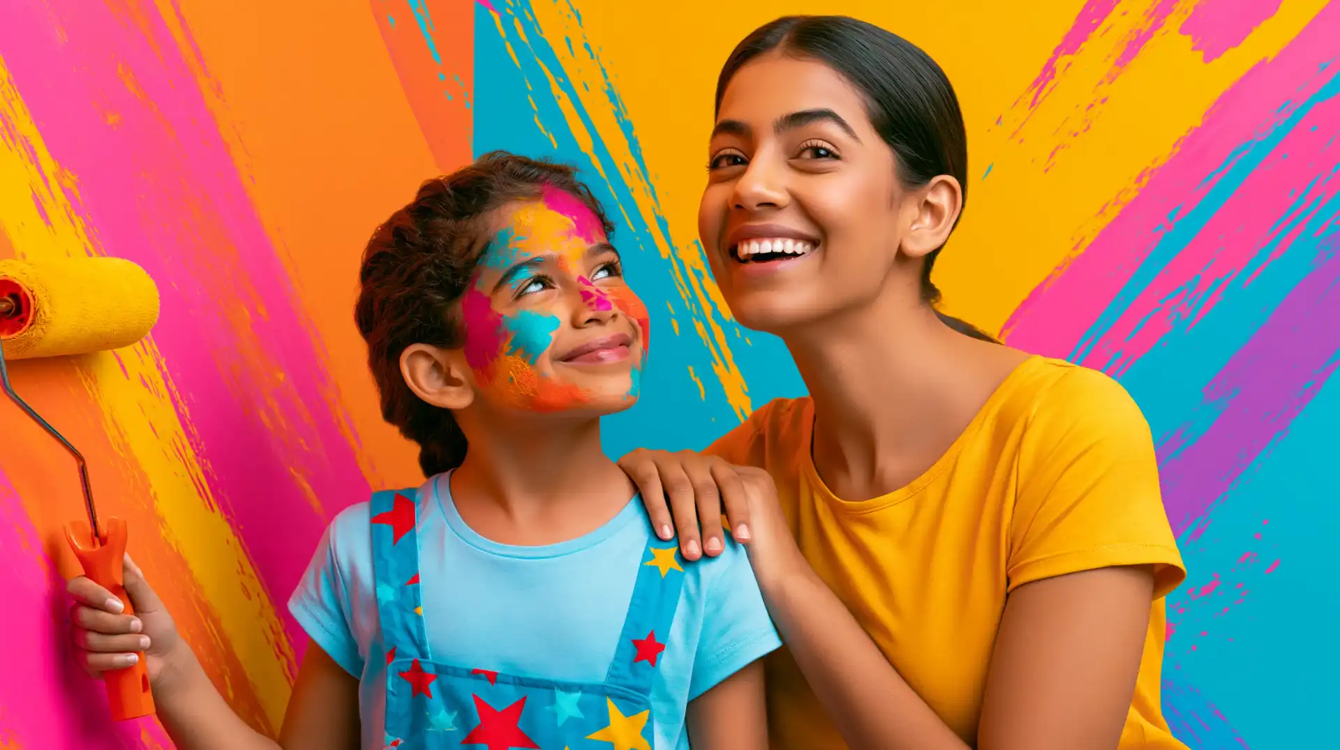 A child painting a wall with a paint roller