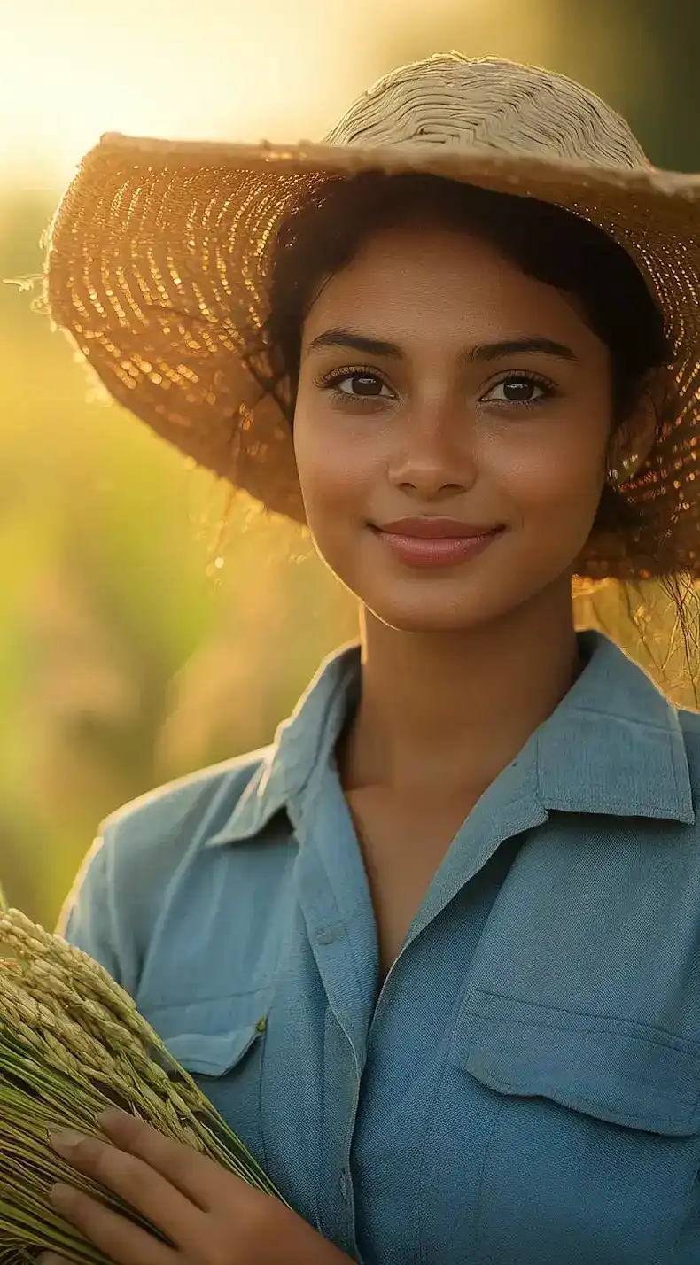 Young Sri Lankan female farmer in a straw hat smiling and holding a bundle of harvested rice in a lush paddy field during sunset