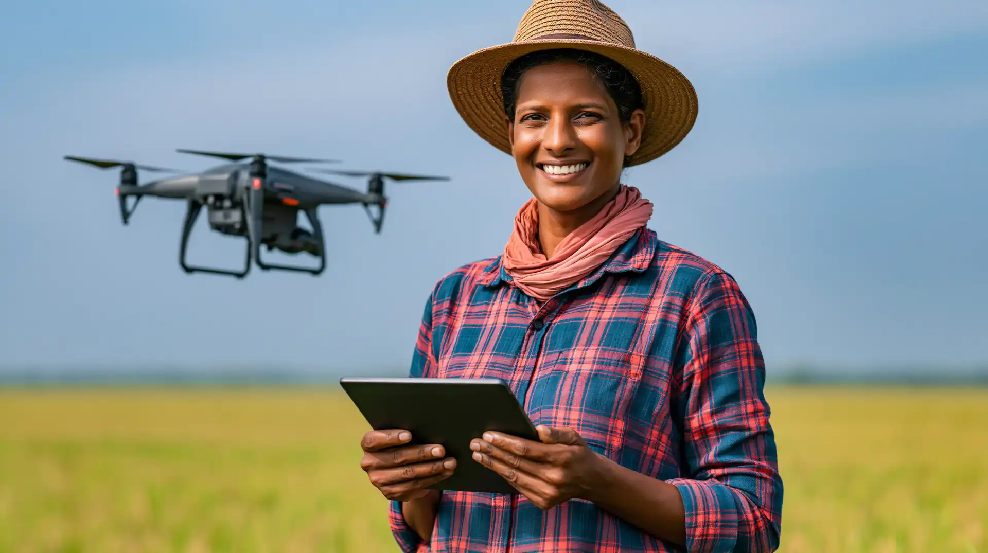 Young Sri Lankan female farmer in a straw hat smiling and holding a bundle of harvested rice in a lush paddy field during sunset