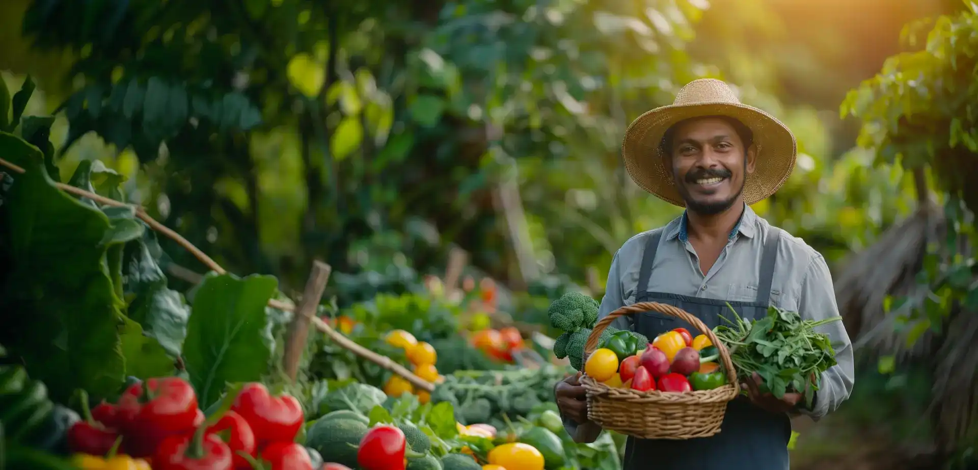 A Farmer holding a vegetable harvest