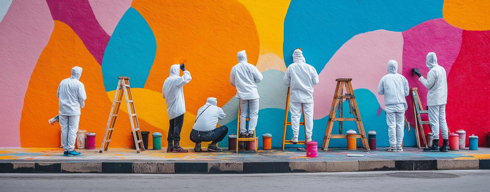 Few people coloring a wall