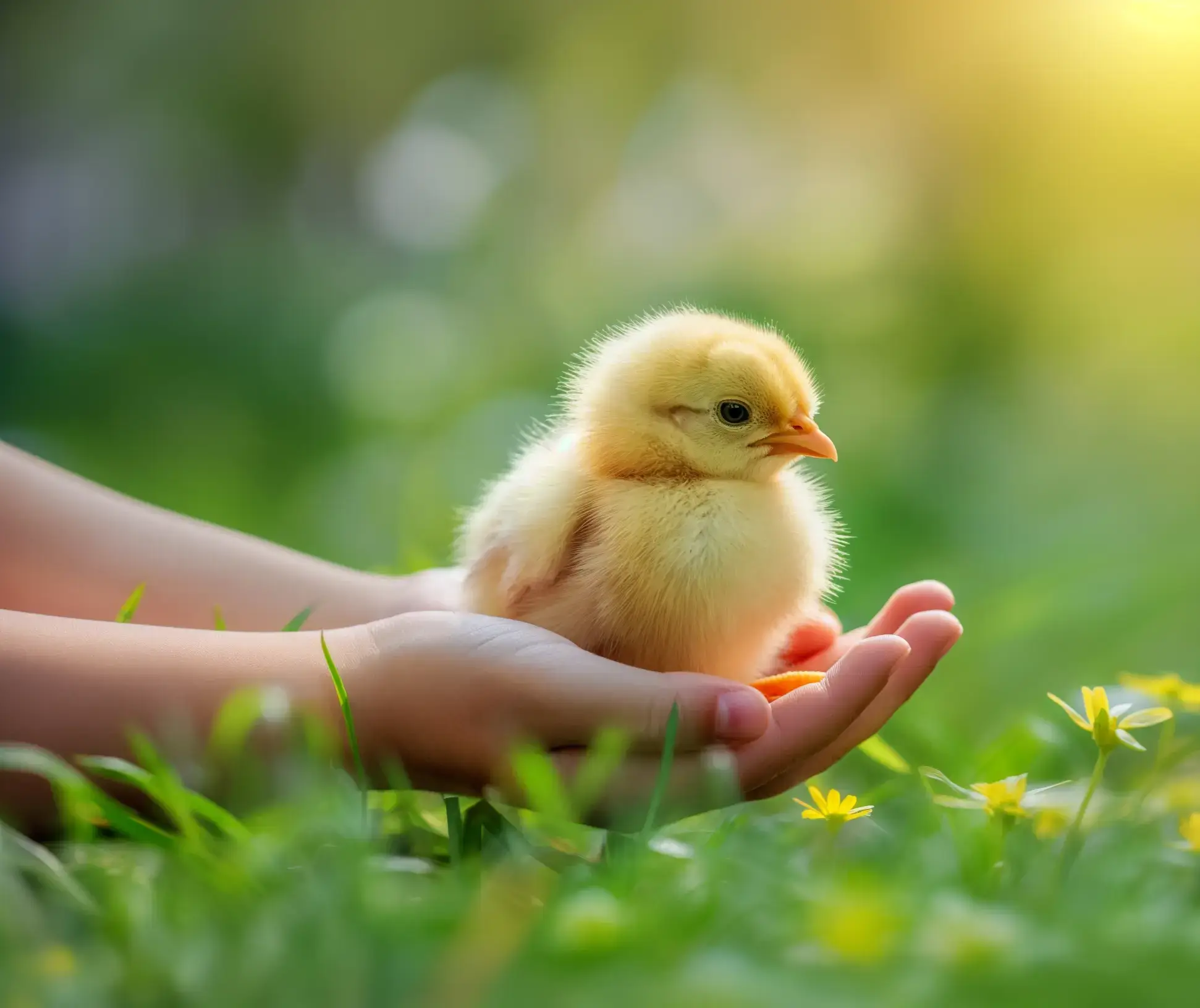 A person holding a baby chicken in palm