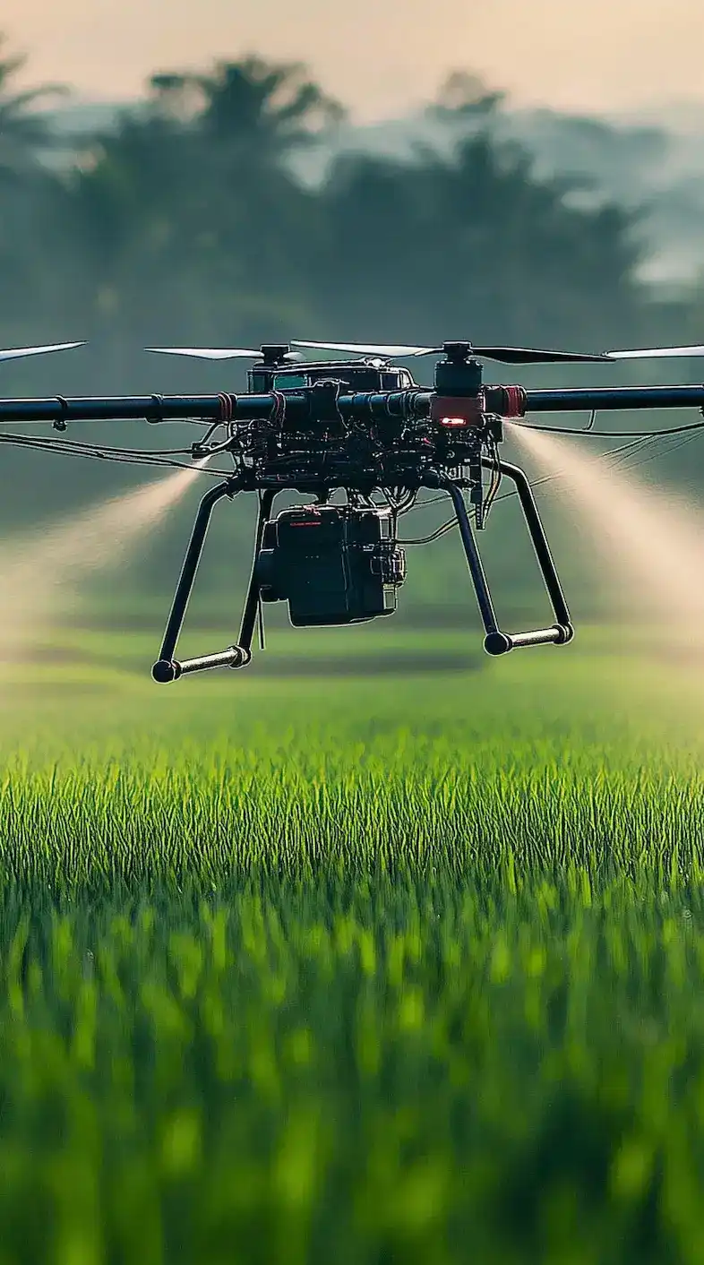 An Agricultural drone spraying fertilizer over a paddy field in morning