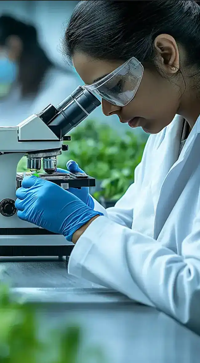 Female scientist in a lab coat and safety goggles examining a plant sample under a microscope in an agricultural research laboratory